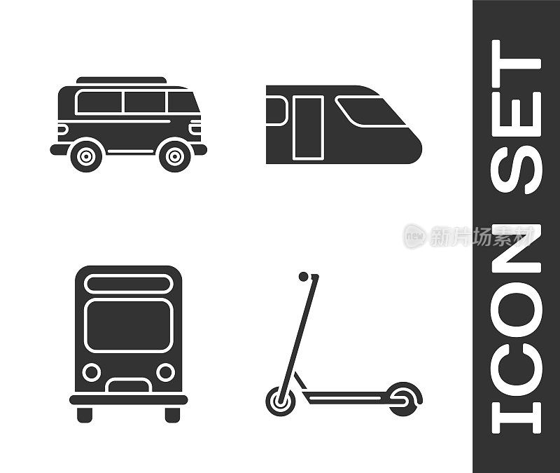 Set Scooter, Retro minivan, Bus and Train图标。向量